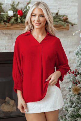 Fiery Red V Neck Collared Shirred 3/4 Sleeve Oversized Tunic Top Fiery Red V Neck Collared Shirred 3/4 Sleeve Oversized Tunic Top - Image 4