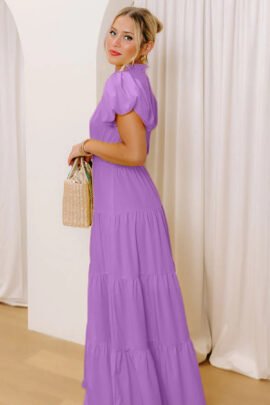 Bright Green Solid Color V Neck Short Puff Sleeve High Waist Tiered Maxi Dress Bright Green Solid Color V Neck Short Puff Sleeve High Waist Tiered Maxi Dress - Image 15