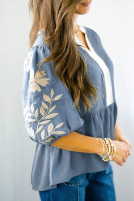 Smoke Green Color Block Patchwork V Neck Embroidered Puff Sleeve Babydoll Blouse Smoke Green Color Block Patchwork V Neck Embroidered Puff Sleeve Babydoll Blouse - Image 5
