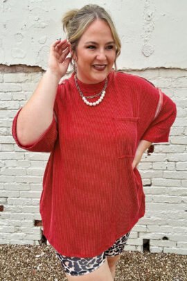 Fiery Red Twist Ribbed Tunic Round Neck Bracelet Sleeve Plus Size Blouse Fiery Red Twist Ribbed Tunic Round Neck Bracelet Sleeve Plus Size Blouse - Image 6