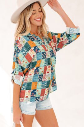 Sky Blue Floral Collared V Neck Roll up Sleeve Shift Blouse Sky Blue Floral Collared V Neck Roll up Sleeve Shift Blouse - Image 3