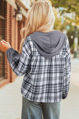 Brown Plaid Patchwork Long Sleeve Button Hooded Blouse Brown Plaid Patchwork Long Sleeve Button Hooded Blouse - Image 5
