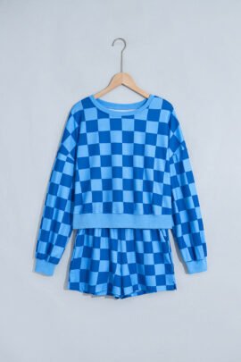 Dark Blue Plaid Checkered Long Sleeve Crop Top Elastic Waist Shorts Two Piece Set Dark Blue Plaid Checkered Long Sleeve Crop Top Elastic Waist Shorts Two Piece Set - Image 2