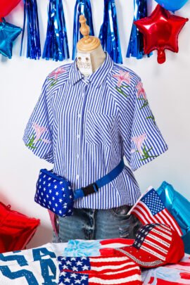 Sky Blue Stripe Lily Floral Embroidered Puff Sleeve Button Down Shirt Sky Blue Stripe Lily Floral Embroidered Puff Sleeve Button Down Shirt - Image 8