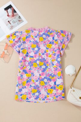 Pink Playful Floral Print Striped Color Block Patchwork V Neck Flutter Sleeve Blouse - Image 4