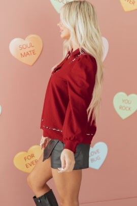Fiery Red Collar V Neck Leopard Contrasted Trim Textured Blouse - Image 4