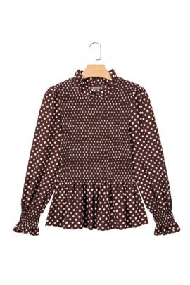 Brown Polka Dot Ruffled High Neck Shirred Ruffle Hem Blouse Brown Polka Dot Ruffled High Neck Shirred Ruffle Hem Blouse - Image 14