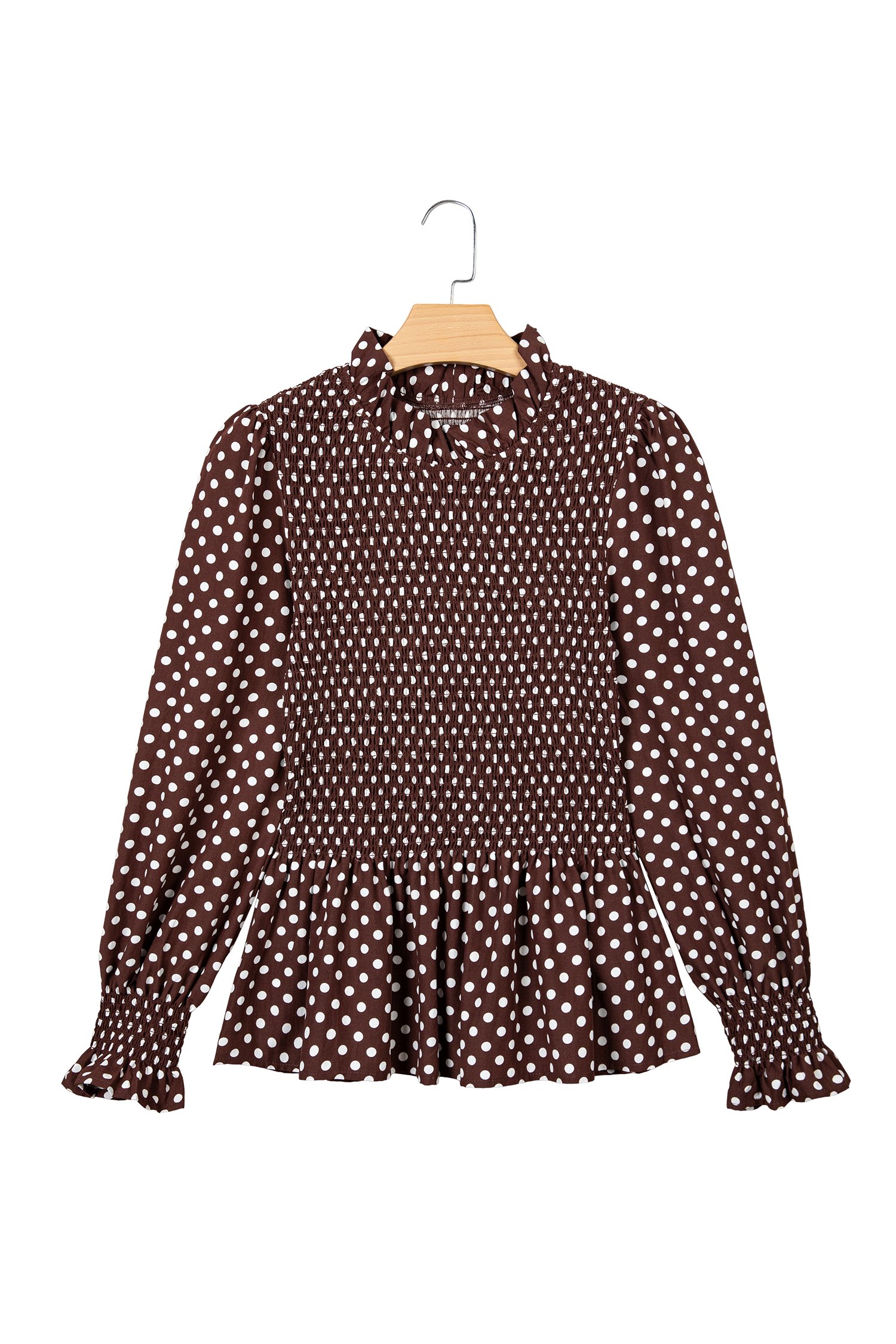 Brown Polka Dot Ruffled High Neck Shirred Ruffle Hem Blouse Brown Polka Dot Ruffled High Neck Shirred Ruffle Hem Blouse - Image 14