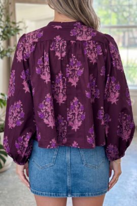 Purple Floral Print Button Front Long Puff Sleeve Shirt Purple Floral Print Button Front Long Puff Sleeve Shirt - Image 2