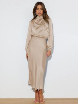 Elegant Temperament Long-sleeved Dress Satin Halterneck Formal Evening Dresses Women Clothing Elegant Temperament Long-sleeved Dress Satin Halterneck Formal Evening Dresses Women Clothing - Image 4