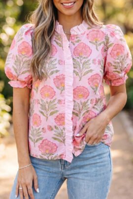 Pink Sweet Blooms Ruffle Striped Trim Puff Sleeve Shirt Pink Sweet Blooms Ruffle Striped Trim Puff Sleeve Shirt - Image 2