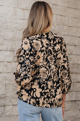 Black Floral Shirred Yoke Bracelet Sleeve Split Neck Boho Blouse Black Floral Shirred Yoke Bracelet Sleeve Split Neck Boho Blouse - Image 2
