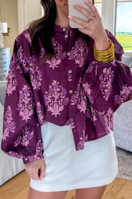 Purple Floral Print Button Front Long Puff Sleeve Shirt Purple Floral Print Button Front Long Puff Sleeve Shirt - Image 3