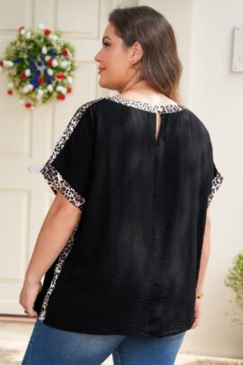 Black Plus Size Leopard Patchwork Round Neck Loose Tee Black Plus Size Leopard Patchwork Round Neck Loose Tee - Image 2
