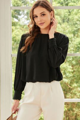 Black Padded Shoulder Buttoned Cuffs Pleated Loose Blouse - Image 5