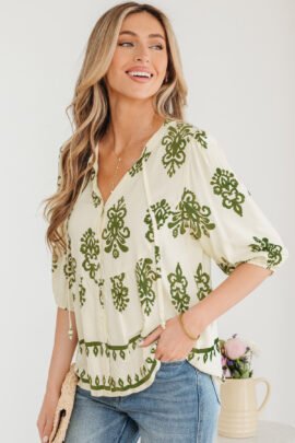 Apricot Floral Print Tie V Neck Button Down Puffy Half Sleeve Shirt - Image 3