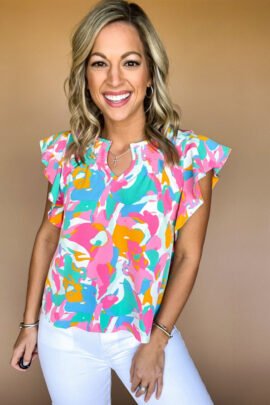 Multicolour Abstract Print Notched Neck Flutter Sleeve Blouse - Image 5