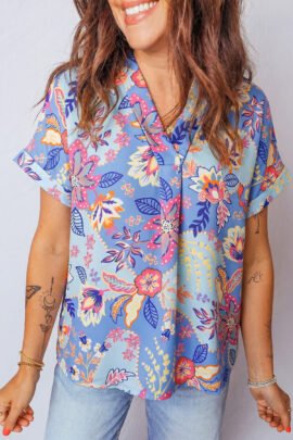 Purple Vacation Floral Print V Neck Short Sleeve Blouse
