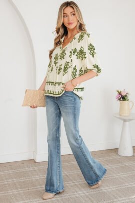 Apricot Floral Print Tie V Neck Button Down Puffy Half Sleeve Shirt - Image 6