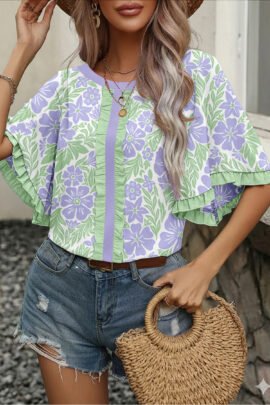 Rose Floral Print Ruffled Color Block Trim Half Sleeve Blouse - Image 7