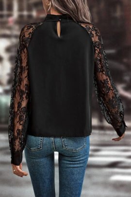 Black Keyhole Neckline Floral Lace Raglan Sleeve Blouse Black Keyhole Neckline Floral Lace Raglan Sleeve Blouse - Image 2