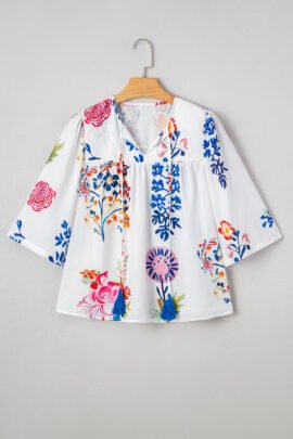 White Floral Print Tassel Tie Bracelet Sleeve Flowy Blouse - Image 3