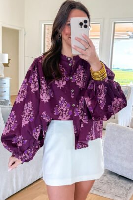 Purple Floral Print Button Front Long Puff Sleeve Shirt Purple Floral Print Button Front Long Puff Sleeve Shirt - Image 6