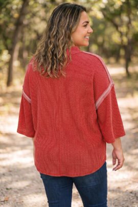 Fiery Red Twist Ribbed Tunic Round Neck Bracelet Sleeve Plus Size Blouse Fiery Red Twist Ribbed Tunic Round Neck Bracelet Sleeve Plus Size Blouse - Image 2