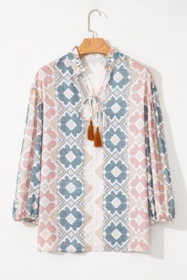 Khaki Geometric Print Tassel Tie Split Neck Balloon Sleeve Blouse - Image 5