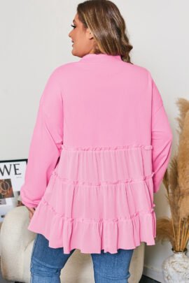 Pink Tiered Ruffle Ribbed Crew Neck Pullover Plus Size Top Pink Tiered Ruffle Ribbed Crew Neck Pullover Plus Size Top - Image 2