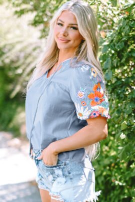 Beau Blue Floral Embroidered Puff Sleeve Split Neck Blouse Beau Blue Floral Embroidered Puff Sleeve Split Neck Blouse - Image 3