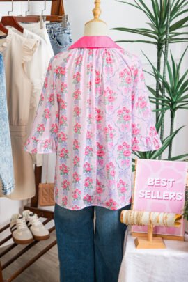 Purple Floral Collared Ruffled Half Sleeve Shirt Purple Floral Collared Ruffled Half Sleeve Shirt - Image 6