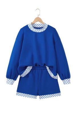 Dark Blue Polka Dot Trim Baggy Pullover 2pcs Short Set - Image 12