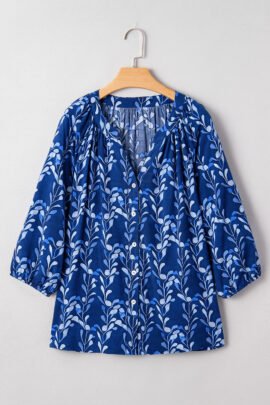 Blue Botanical Print Bracelet Sleeve Notched Neck Blouse Blue Botanical Print Bracelet Sleeve Notched Neck Blouse - Image 8
