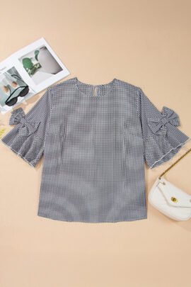 Black Plus Size Plaid Bow Decor Bell Sleeve Round Neck Jumper Black Plus Size Plaid Bow Decor Bell Sleeve Round Neck Jumper - Image 3