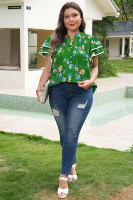 Green Plus Size Ruffled Short Sleeve Floral Top Green Plus Size Ruffled Short Sleeve Floral Top - Image 4