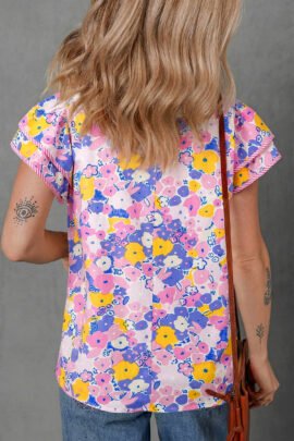 Pink Playful Floral Print Striped Color Block Patchwork V Neck Flutter Sleeve Blouse - Image 2