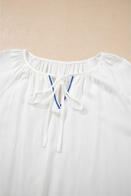 White Floral Embroidered Drawstring V Neck Blouse White Floral Embroidered Drawstring V Neck Blouse - Image 6