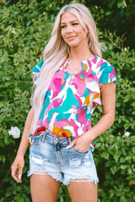 Multicolour Abstract Print Notched Neck Flutter Sleeve Blouse - Image 6