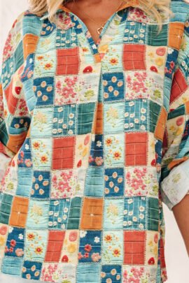 Sky Blue Floral Collared V Neck Roll up Sleeve Shift Blouse Sky Blue Floral Collared V Neck Roll up Sleeve Shift Blouse - Image 7
