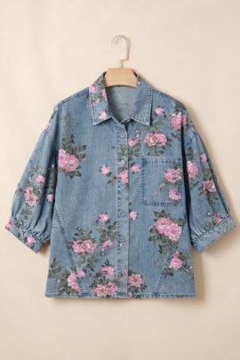 Blue Bracelet Sleeve Floral Denim Shirt - Image 2
