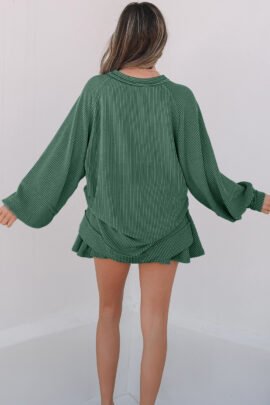 Sky Blue Corded Lantern Sleeve Top High Waist Ruffled Mini Skort Set - Image 11