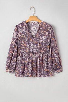 Blue Boho Flower Print 3/4 Sleeve Babydoll Blouse Blue Boho Flower Print 3/4 Sleeve Babydoll Blouse - Image 8