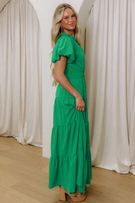 Bright Green Solid Color V Neck Short Puff Sleeve High Waist Tiered Maxi Dress Bright Green Solid Color V Neck Short Puff Sleeve High Waist Tiered Maxi Dress - Image 3