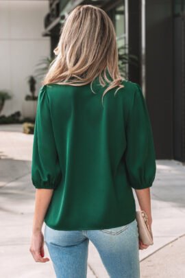 Fiery Red Solid Color Frilled V Neck Bow Detail 3/4 Sleeve Blouse Fiery Red Solid Color Frilled V Neck Bow Detail 3/4 Sleeve Blouse - Image 5