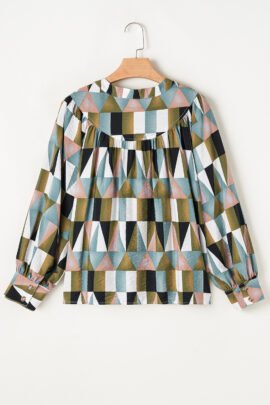 Green Geometric Print Buttoned Balloon Sleeve Loose Fit Shirt Green Geometric Print Buttoned Balloon Sleeve Loose Fit Shirt - Image 7