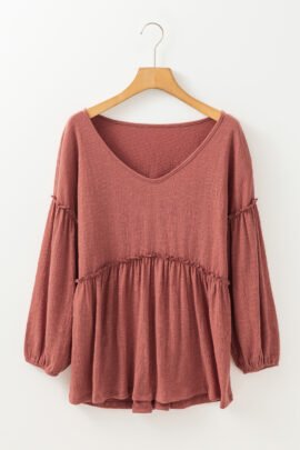 Mineral Red Solid Color Textured Frilled Trim V Neck Puff Sleeve Blouse Mineral Red Solid Color Textured Frilled Trim V Neck Puff Sleeve Blouse - Image 7