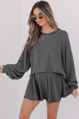 Sky Blue Corded Lantern Sleeve Top High Waist Ruffled Mini Skort Set - Image 6