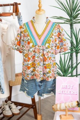 Multicolour Crochet V Neckline Puff Sleeve Boho Flower Blouse Multicolour Crochet V Neckline Puff Sleeve Boho Flower Blouse - Image 5