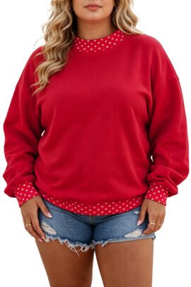 Racing Red Polka Dot Patchwork Round Neck Plus Size Sweatshirt - Image 58